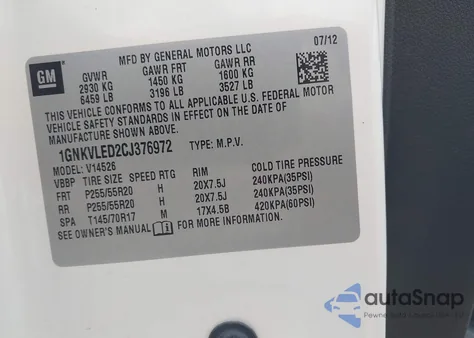 2012 Chevrolet Traverse Ltz from USA, damaged, VIN 1GNKVLED2CJ376972